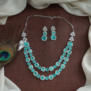Double Layered Zircon Necklace Set in Rhodium Finish