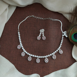 Elegant Zircon Necklace Set with Dangling Earrings – Gold-Plated & Rhodium Finishing