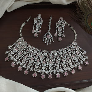 Flexible Choker Set Earrings with tikka in baby Pink Color