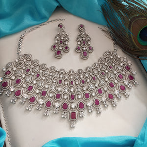 Mesmerizing Heavy Choker Set With Zircon Stones In Hydro Ruby Colour