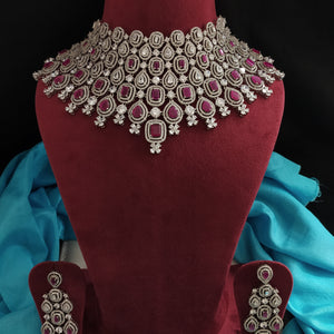 Mesmerizing Heavy Choker Set With Zircon Stones In Hydro Ruby Colour