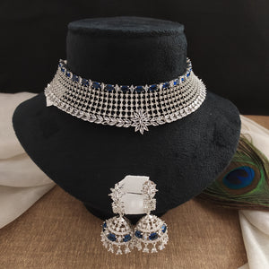 Beautiful Zircon Stones Choker Set In Hydro Blue Color