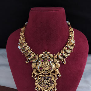 Antique Silver Polish Lakshmi Design Necklace With Golden Danglings In Ruby Stone