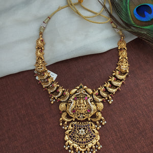 Antique Silver Polish Lakshmi Design Necklace With Golden Danglings In Ruby Stone